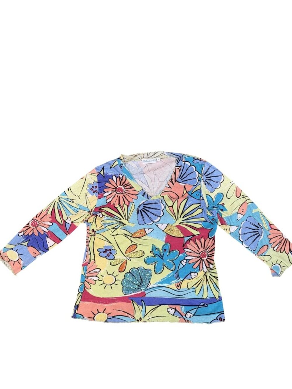 Lulu-B Womens Ocean fish sparkle sequin V-Neck Long Sleeve Shirt Size S bright